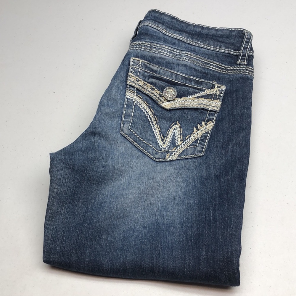 Warehouse Women's Straight Leg Jeans in Faded Blue with Cream Stitching